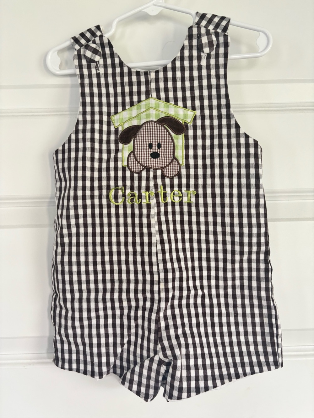 Black & White Gingham Puppy Romper -
Carter Monogrammed
Hand sewn - Picture 1 of 4